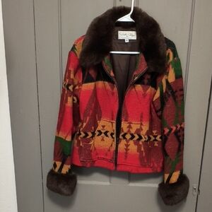 Tasha Polizzi Red Southwest-Pattern Jacket with Brown Faux Fur Trim